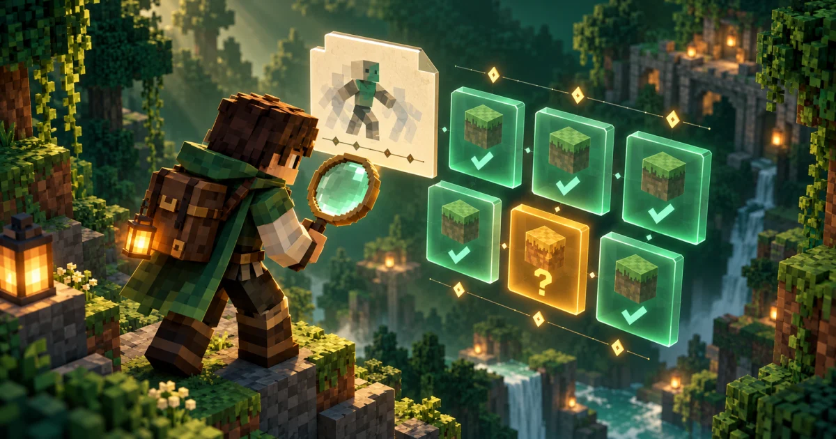 Minecraft 1.21.10 compatibility illustration with a player inspecting version tiles and an unconfirmed file