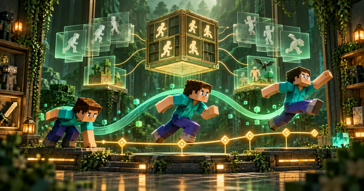 Minecraft Java player animation illustration showing sequential poses and a keyframe timeline