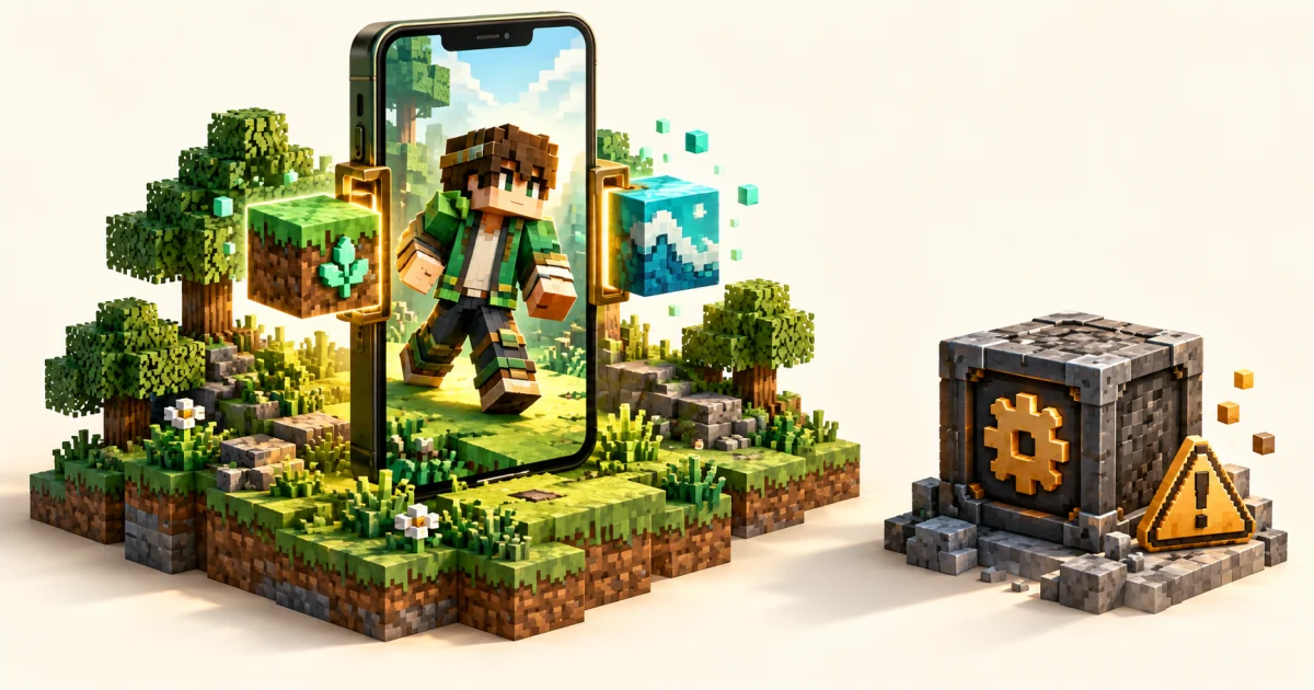 Minecraft PE illustration showing mobile add-ons and a separate Java library file