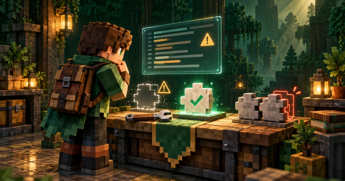 Player Animation Mod troubleshooting illustration with diagnostic logs, warning sign and library modules